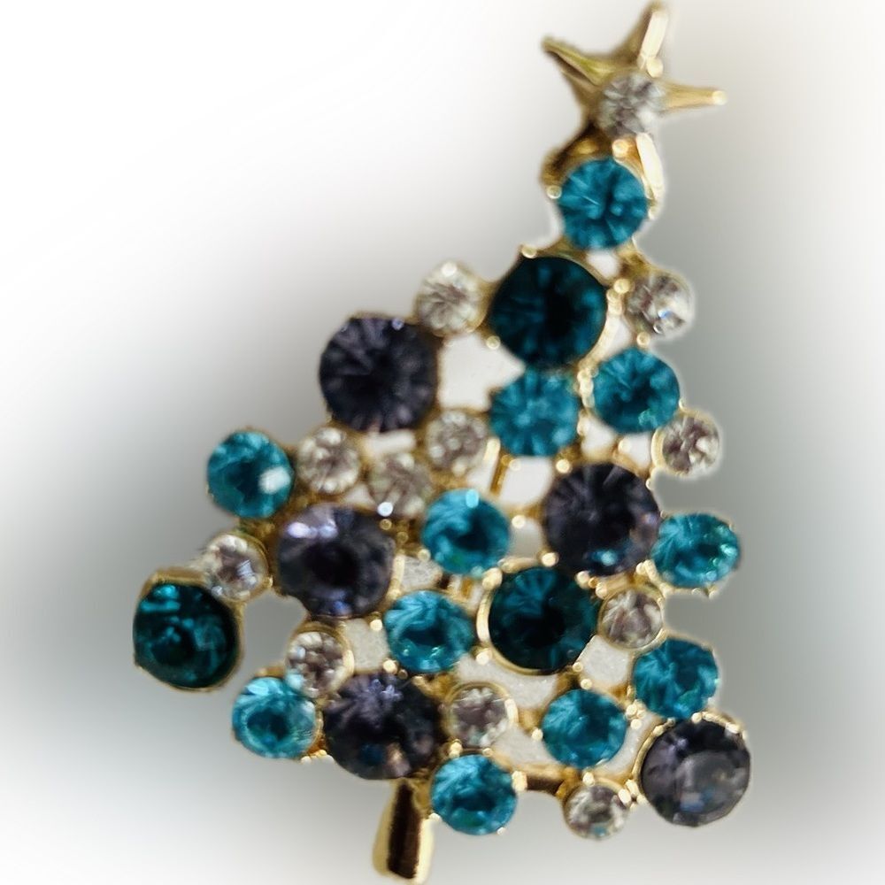 Vintage Style Goldplated Blue Crystal Xmas Tree Bling Crystal Fashion Brooch